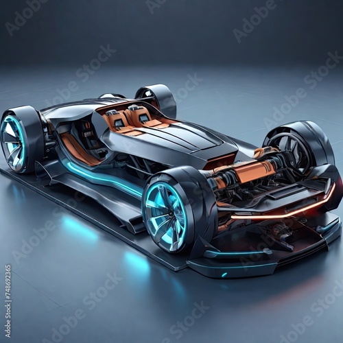 futuristic electric sport fast car chassis, high-performance battery packs, or future electric vehicle (EV) factory production and prototype designs displayed as a large banner with copy space © lal khan