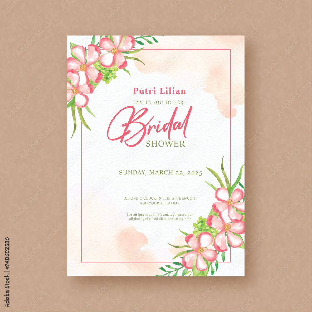 Obraz premium Bridal Shower Invitation Card with Watercolor Painting of Red Flowers and Splash