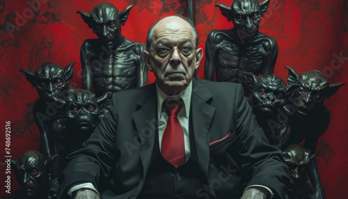 A pact with the devil or Satan, the old sinner listens to the advice of the devil from hell. The evil intent of a person.