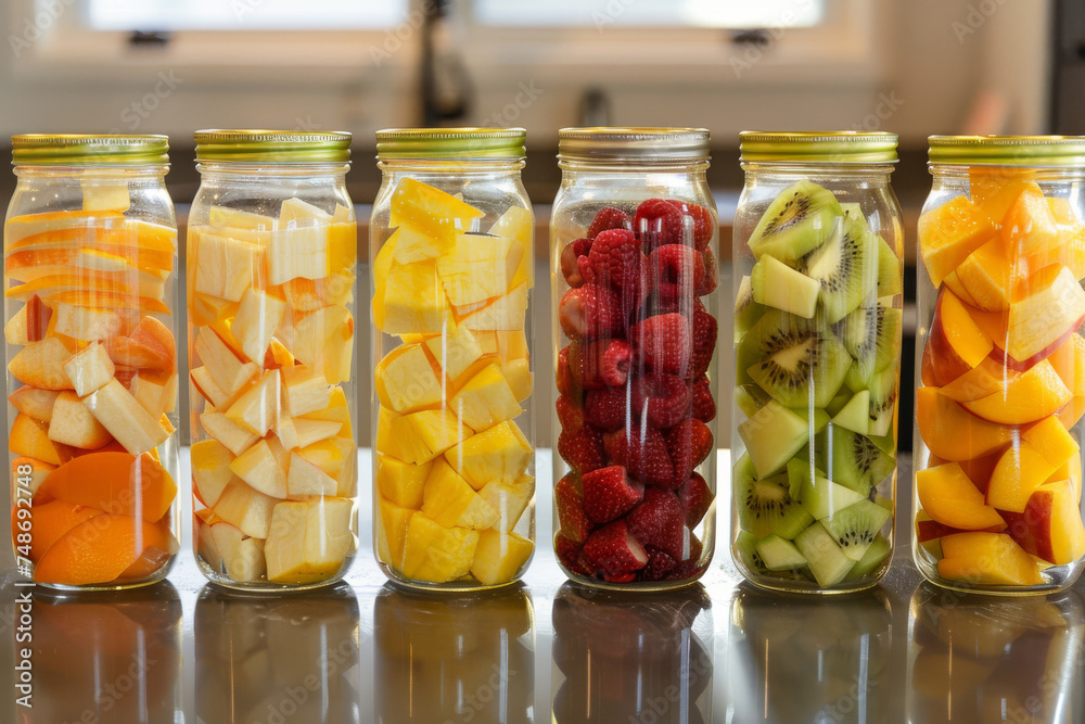 Various chopped fruits neatly arranged in separate jars, promoting the idea of maintaining health through diverse fruit consumption Various chopped fruits neatly arranged in separate jars, promoting the idea of maintaining health through diverse fruit consumption