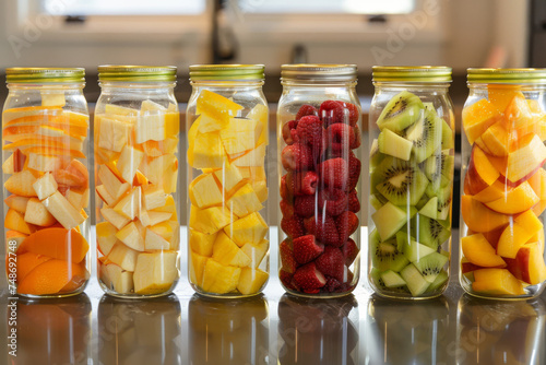 Various chopped fruits neatly arranged in separate jars, promoting the idea of maintaining health through diverse fruit consumption