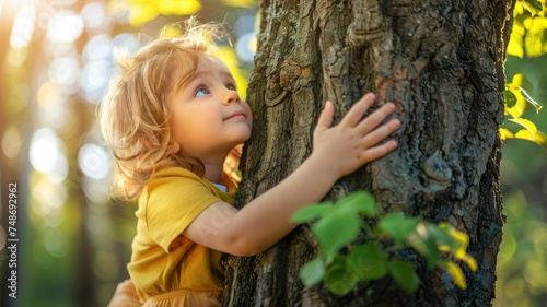 Child embracing a tree in nature's embrace - Tender moment of a young child hugging a tree in a sunlit forest setting