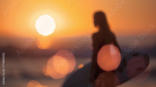 captivating out of focus portrait of a female surfer girl holding her board in the sea at sunset, showcasing the beauty of leisurely water sports at dusk © CinimaticWorks