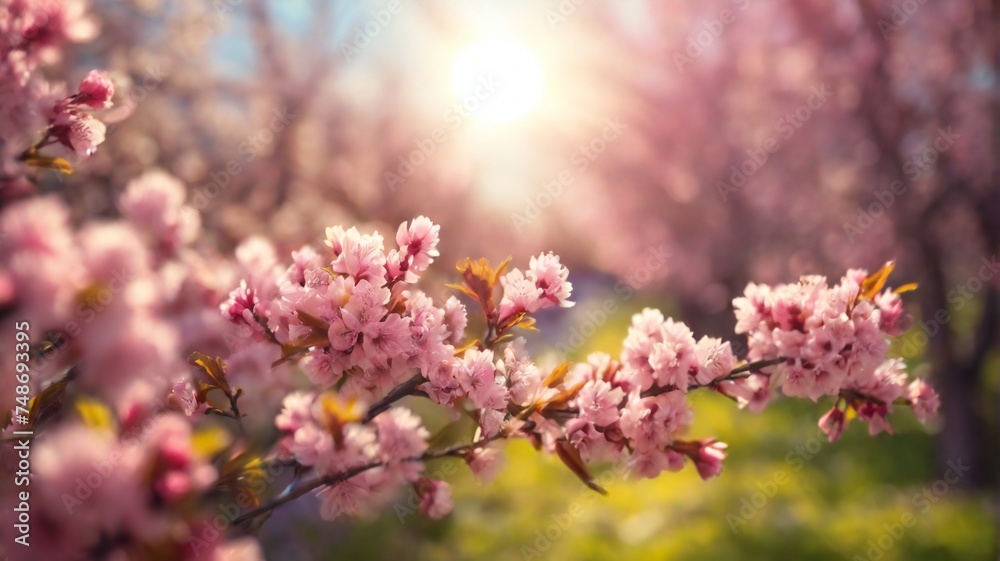 spring background with blooming pink flowers. beautiful landscape for poster, banner, social media, advertising. generative ai spring background with blooming pink flowers. beautiful landscape for poster, banner, social media, advertising. generative ai