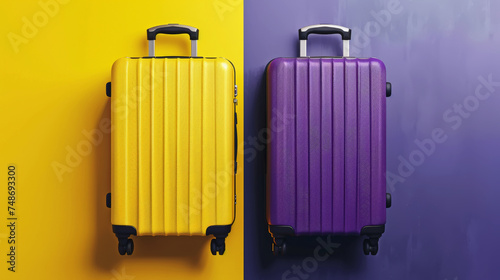 Wallpaper Mural Two trendy travel suitcases on violet and yellow split background. Top view. Travel concept. Generative AI Torontodigital.ca