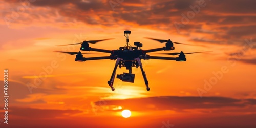 Closeup of drone with camera at sunset view, drone technology