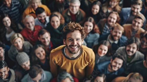 captivating scene of a smiling man standing out from a large crowd of cheerful people in an urban cityscape photo
