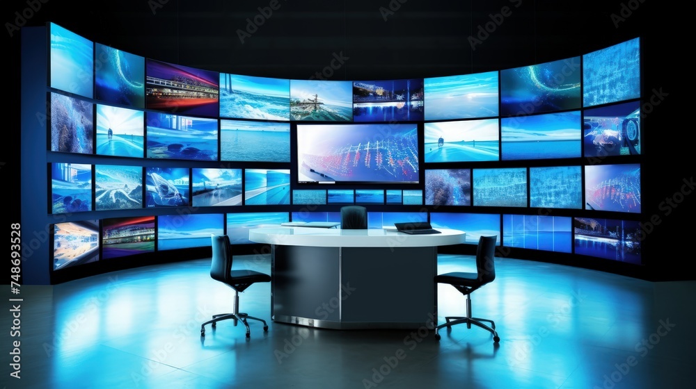The multimedia news studio features a dynamic video wall that displays various content in real-time. - obrazy, fototapety, plakaty 