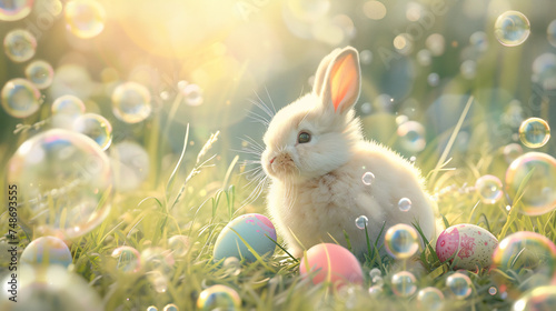 Easter bunny and Easter eggs with fancy bubble on green grass field in spring. generative ai photo