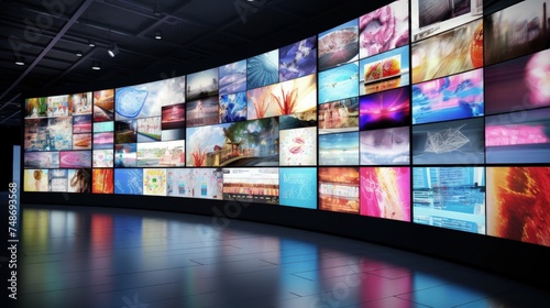 Multimedia video wall for television broadcasting, showcasing the dynamic display of various content.