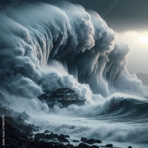  the raw power and devastating force of a tsunami as massive waves crash against the coastline, engulfing everything in their path with turbulent water and debris, generative ai