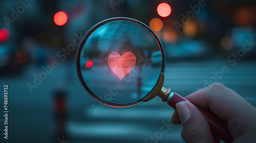 Hand holding a magnifying glass, seeking love symbolized by a heart shape icon, illustrating the pursuit of finding a romantic relationship photo