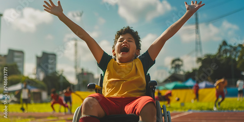 A person with a disability participating in a sports event with determination and joy.  A child celebrating a victory with their team. a kid is cheering with his hands in the air. Children are happy 