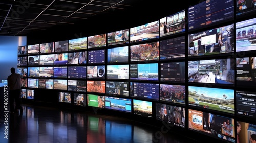 A wall of many LCD TVs.