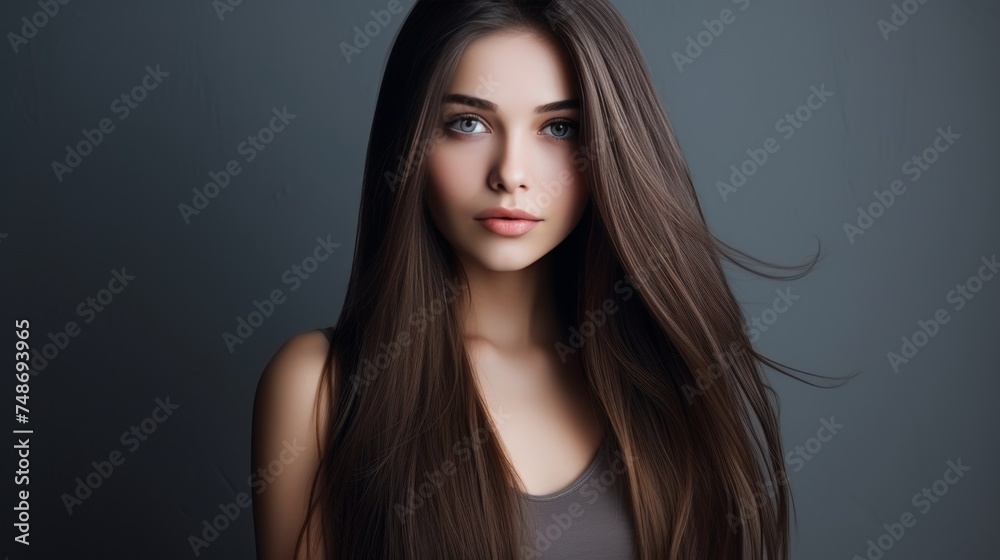 Beautiful model with shiny brown hair and smooth skin for beauty care and hair products advertising Beautiful model with shiny brown hair and smooth skin for beauty care and hair products advertising