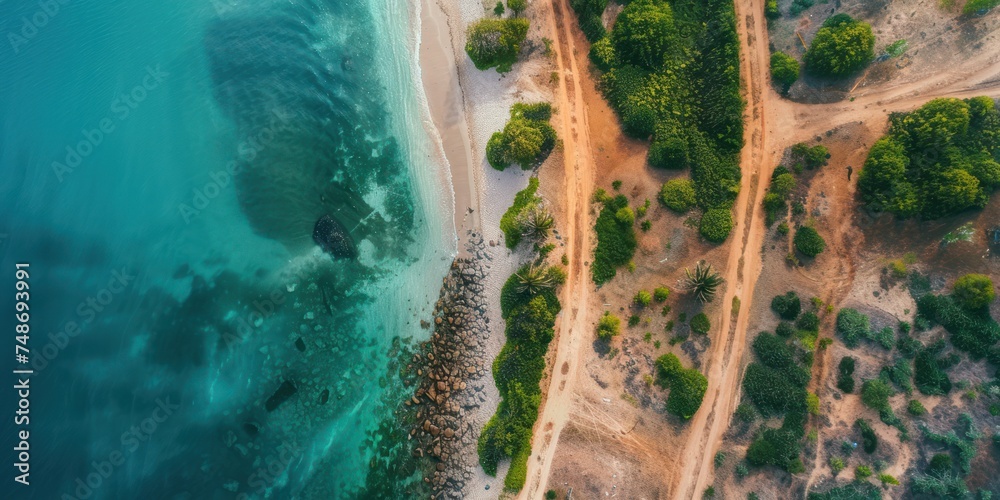 Top view lay flat beach water and forest. 