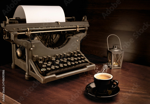 cup of coffee next to an old typewriter, white sheet with empty space for text, inspiration, moments of creativity and reflection, writer's day