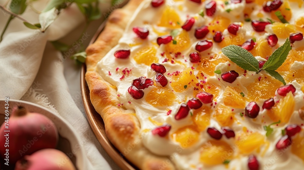 a pizza topped with oranges and pomegranates on top of a wooden platter next to a white cloth. a pizza topped with oranges and pomegranates on top of a wooden platter next to a white cloth.
