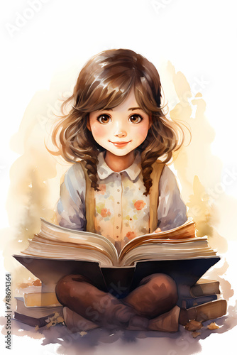 Watercolor illustration of a child sitting cross-legged with a large book resting on her lap smiling in traditional vintage clothes and loose picktails. 
