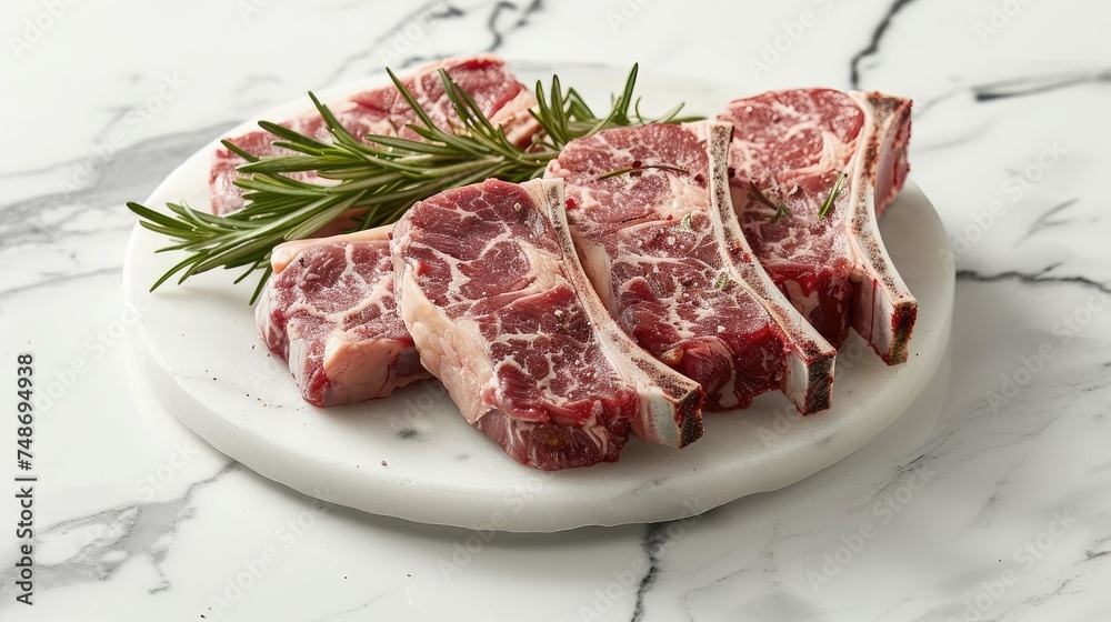 Raw lamb chops on a white plate garnished with rosemary, on marble.