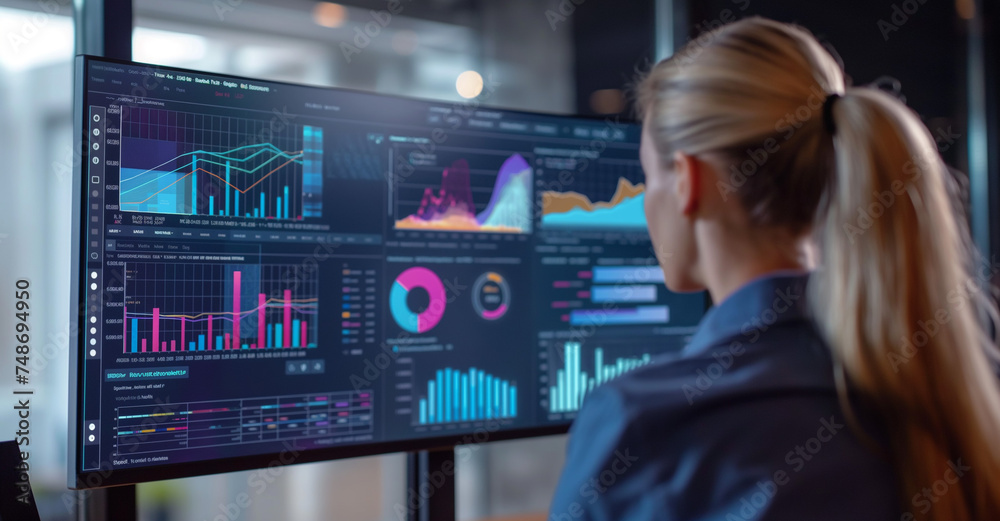 Analyzing Data at Night: A Professional Woman Studying Financial Charts on Multiple Computer Monitors in a Dark Office Analyzing Data at Night: A Professional Woman Studying Financial Charts on Multiple Computer Monitors in a Dark Office