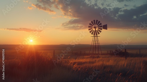 Sunset casts a warm glow over an old windmill standing gracefully in the field, a timeless symbol of rural tranquility