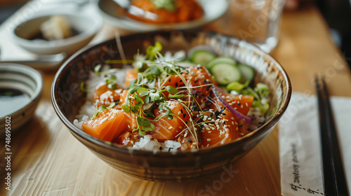 High angle of Asian poke with salmon and rice.