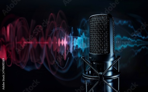 microphone with audio waves background  microphone on stage