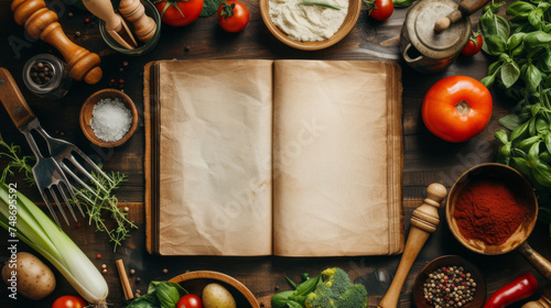 Top view of a blank cookbook with white pages surrounded by assorted vegetables, ingredients, and wooden kitchen utensils on the table, inviting creativity and culinary exploration