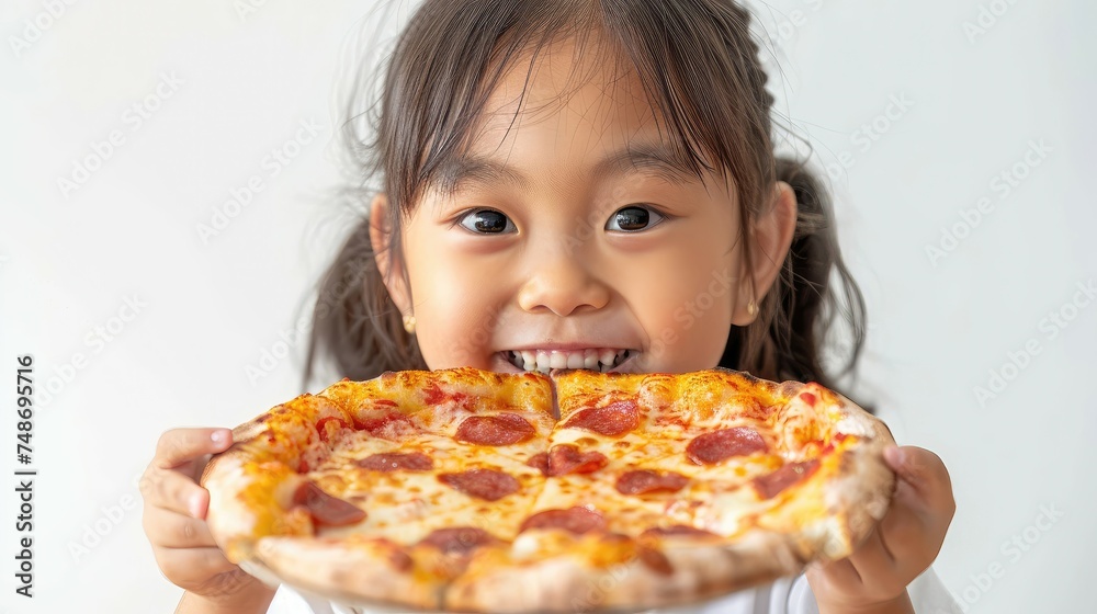 Happy child holding a large pepperoni pizza.