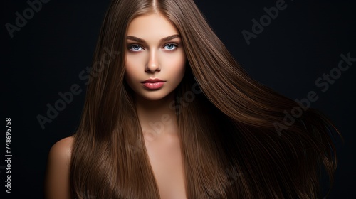 Beautiful model with shiny brown hair and smooth skin for hair and skin care products
