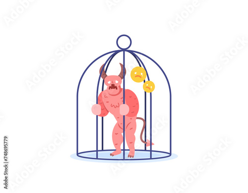 illustration of a devil locked in an iron cage. a demon who is imprisoned or confined. Satan's expression was sad because he was locked up. punishment. illustration concept design. graphic elements
