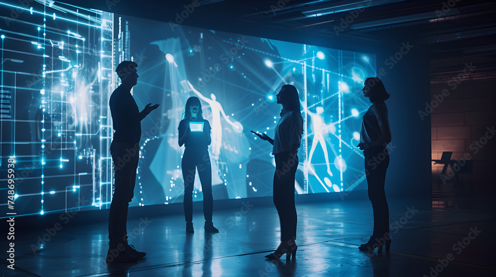 A futuristic office scene with business professionals surrounded by floating screens displaying innovative technology, emphasizing modern workspaces
A futuristic office scene with business professionals surrounded by floating screens displaying innovative technology, emphasizing modern workspaces