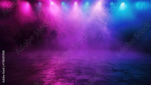 The Dark Stage Shows: Moody Ambiance with Neon Lights, Spotlights, and Smoke, Set Against a Vibrant Blue and Purple Background for Display Products