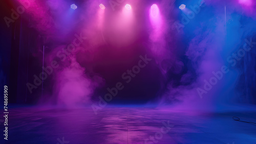 The Dark Stage Shows  Moody Ambiance with Neon Lights  Spotlights  and Smoke  Set Against a Vibrant Blue and Purple Background for Display Products