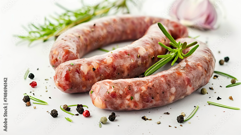 Homemade raw sausages isolated on a white background.