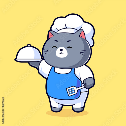 Cute Chef Cat Holding Plate Cartoon Vector Macot Illustration. Flat Cartoon Style Animal Occupation Icon Concept Vector.