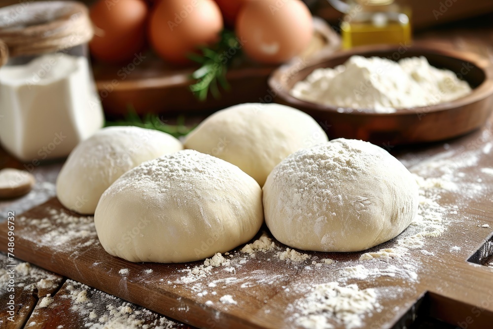 Fresh dough and flour on a board. dough for pizza or bread Fresh dough and flour on a board. dough for pizza or bread