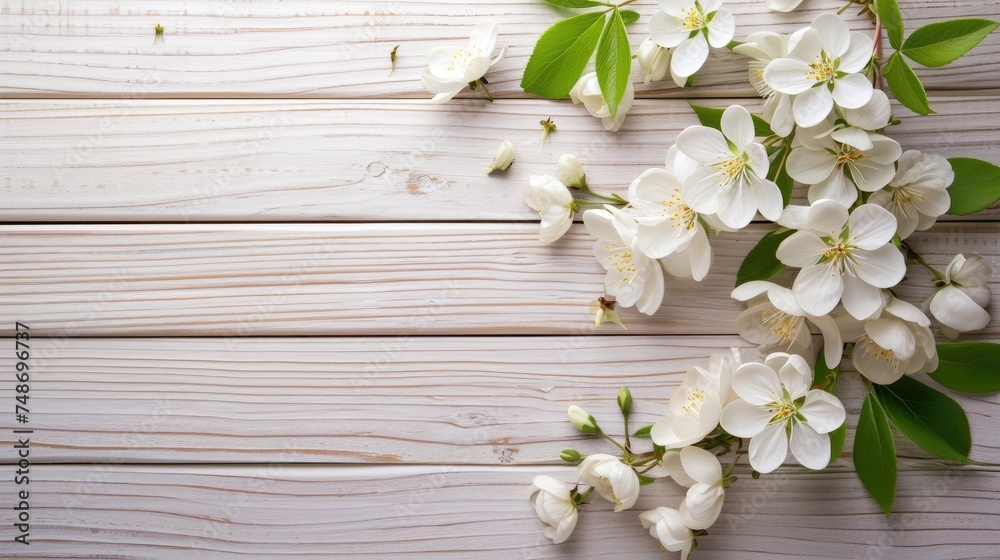 Spring background with white blossoms and white wooden table. free space for text Spring background with white blossoms and white wooden table. free space for text