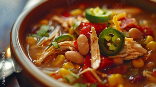 Hot homemade white bean chicken chili with peppers. photo