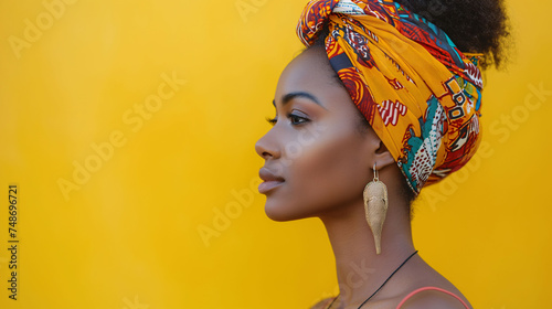 Profile of a young African woman with a colorful headscarf against a vibrant yellow background.