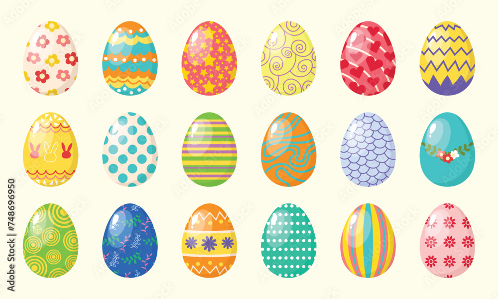 Easter eggs. Collection of Easter eggs with different spring, botanical, floral, cute colored patterns. Vector set isolated on white background.
