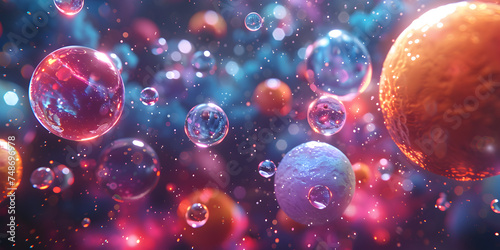 Realistic Representation of Colorful Bubbles with Glowing Energy Sphere Emitting Pink Light on Sparkling Surface for Desktop Wallpaper Background generative AI
