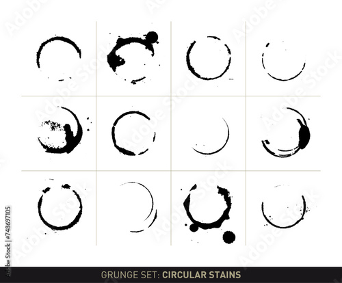 Grunge set: Circular stains (vectorized coffee or wine stains in black and white)
