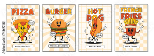 Collection of trendy posters, flyers, banners with burger, hot dog, fries and pizza in groovy retro style. Fast street food poster set. Vector illustration with editable stroke. 