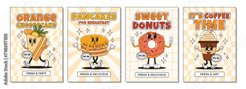 Collection of trendy posters, flyers, banners with cheesecake, pancakes, donut, coffee in groovy retro style. Sweet food poster set. Vector illustration with editable stroke for cafe and restaurant.