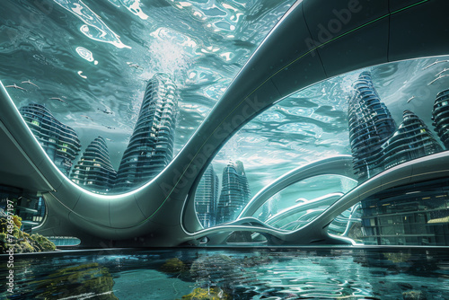 An image of an underwater city withwaves. photo