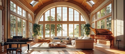 Luxury family room with high vaulted ceiling and large french window. Room has grand piano, and wooden coffee table.