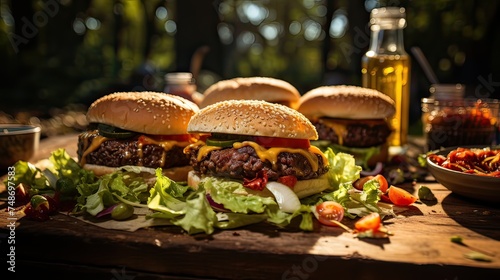 A burger with meat and vegetables is on the table.
