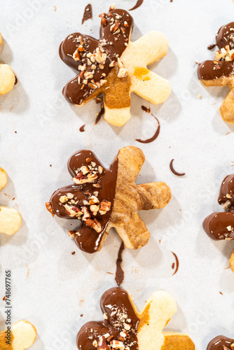 Snowflake-Shaped Sugar Cookies, Chocolate-Dipped, Pecan Crushed Nuts, Holiday Baking